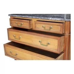 Mahogany chest of drawers mounted on oak with a gray marble top. Four drawers.